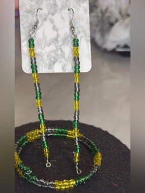 Handcrafted Green & Yellow Beaded wire wrap bracelet And Earrings